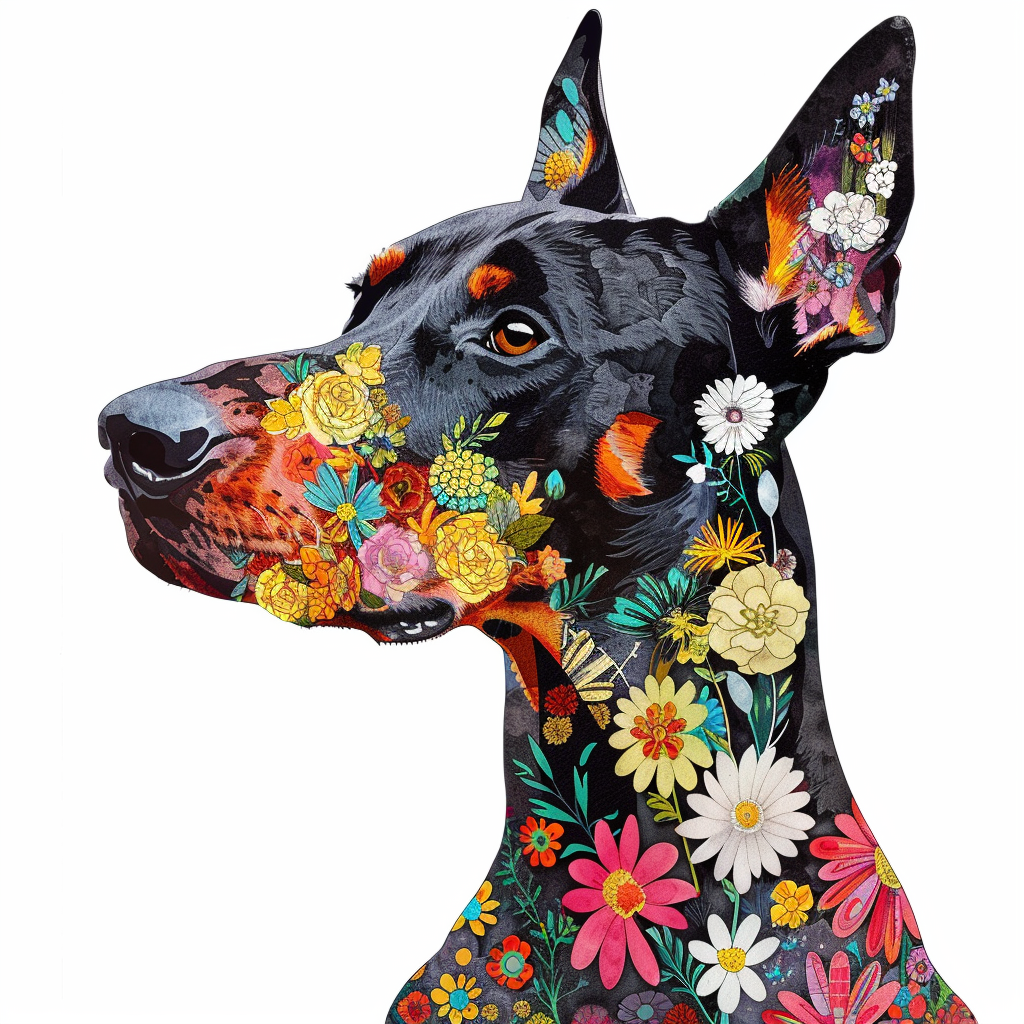 Doberman Pinscher Dog floral majestic Expressive surreal Vinyl Decal Sticker for Car, Laptop, Tumbler and more # F019381