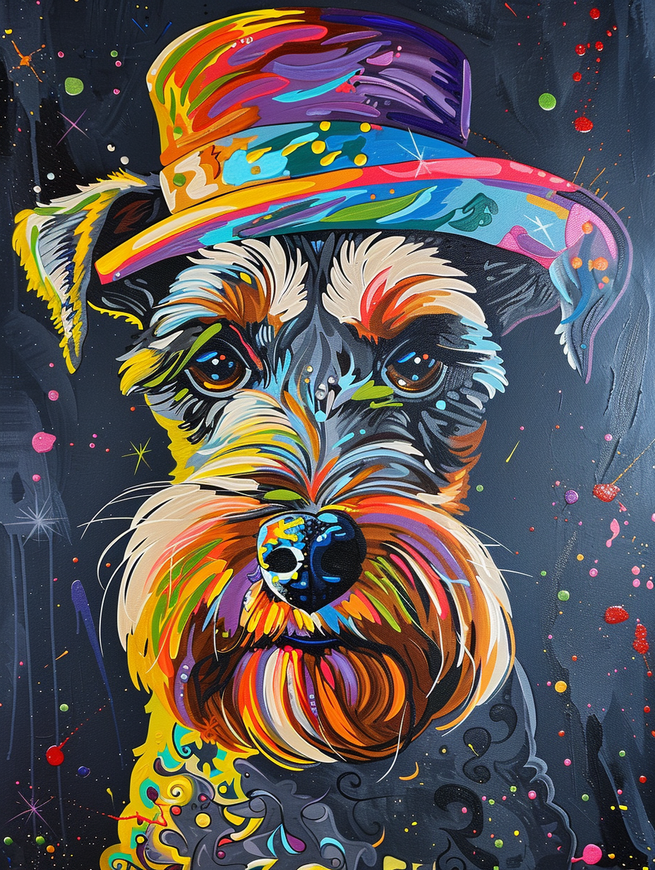 Colorful space Miniature Schnauzer dog with a hat Expressive surreal Poster # F025161