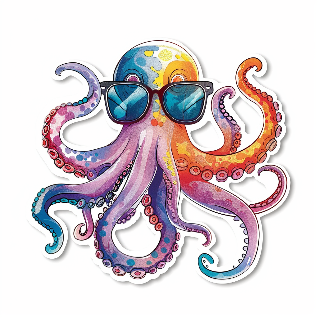 Sticker of a Octopus wearing sunglasses majestic Expressive surreal Vinyl Decal Sticker for Car, Laptop, Tumbler and more # F015397
