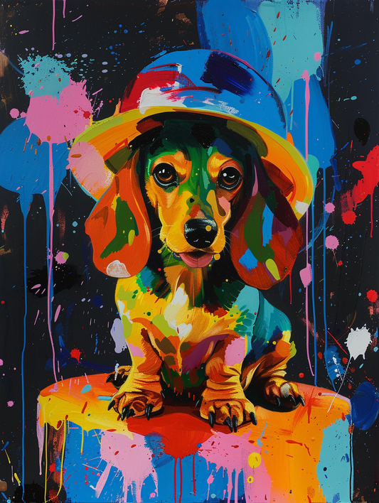 Colorful space Dachshund dog with a hat Expressive surreal Poster # F024914