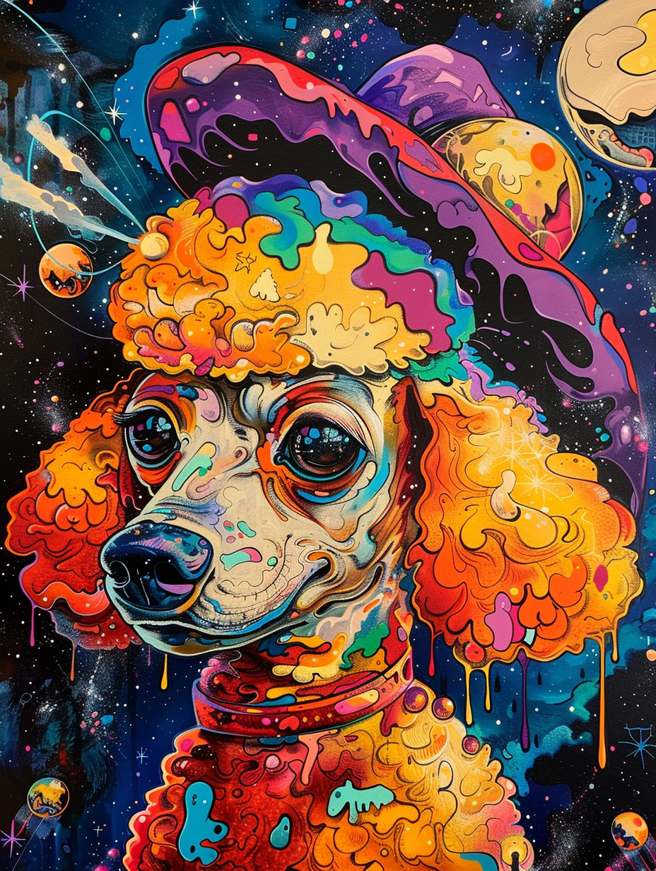 Colorful space Poodle dog with a hat Expressive surreal Poster # F024877