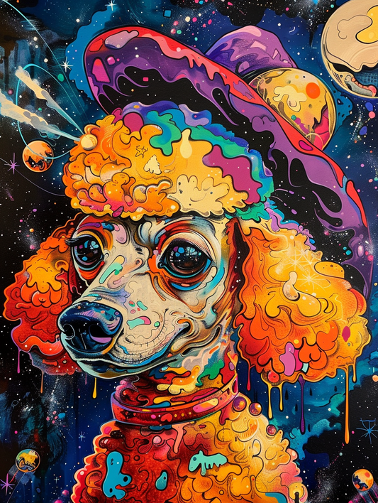 Colorful space Poodle dog with a hat Expressive surreal Poster # F024877