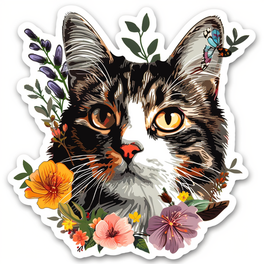 American Shorthair Cat floral majestic Expressive surreal Vinyl Decal Sticker for Car, Laptop, Tumbler and more # F018544