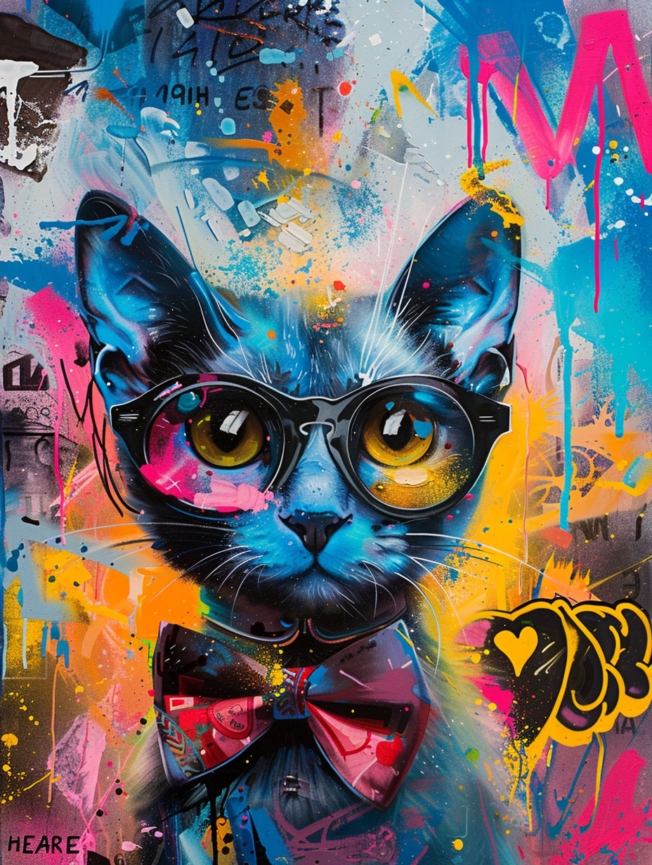 Colorful space Russian Blue cat with a bow tie Expressive surreal Poster # F024365