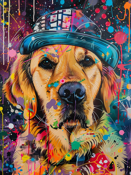 Colorful space Golden Retriever dog with a hat Expressive surreal Poster # F025519