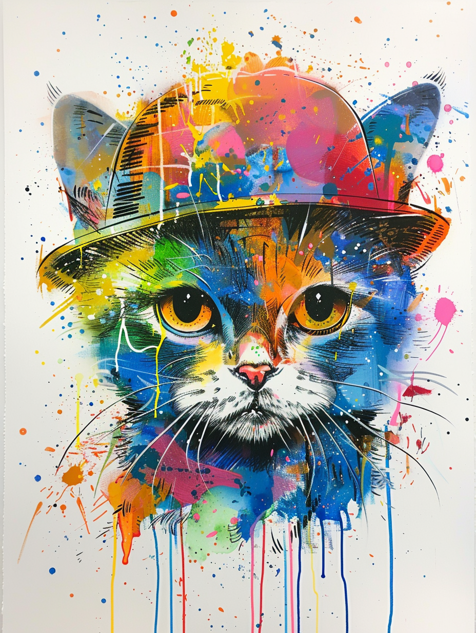 colorful space British Shorthair cat with a hat Expressive surreal Poster # F025330