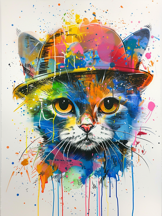 colorful space British Shorthair cat with a hat Expressive surreal Poster # F025330
