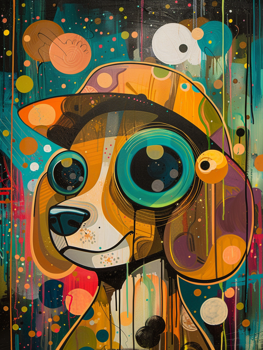 Colorful space Beagle dog with a hat Expressive surreal Poster # F025043