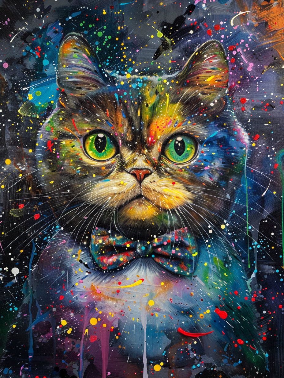 Colorful space Scottish Fold cat with a bow tie Expressive surreal Poster # F024341