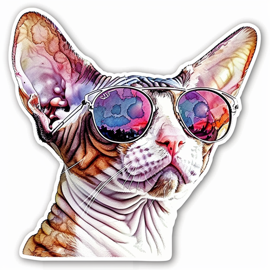 Cornish Rex Cat wearing sunglasses Expressive surreal Vinyl Decal Sticker for Car, Laptop, Tumbler and more # F020734-4" x 4"