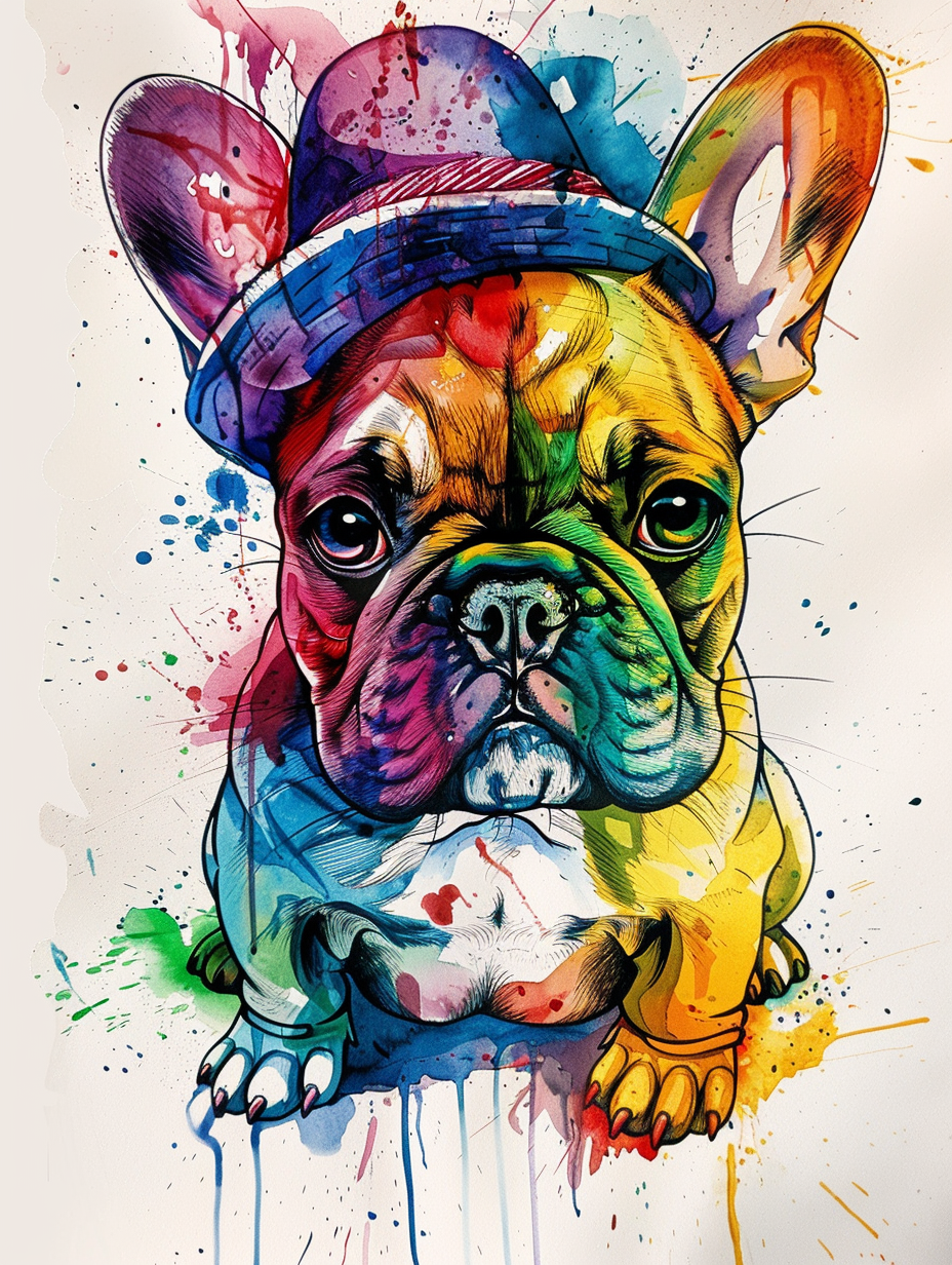 Colorful space French Bulldog dog with a hat Expressive surreal Poster # F025643