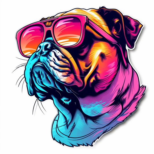 Bulldog Cool Neon Party in sunglasses Expressive surreal Vinyl Decal Sticker for Car, Laptop, Tumbler and more # F018057