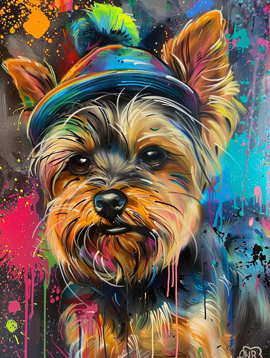 Colorful space Yorkshire Terrier dog with a hat Expressive surreal Poster # F024886