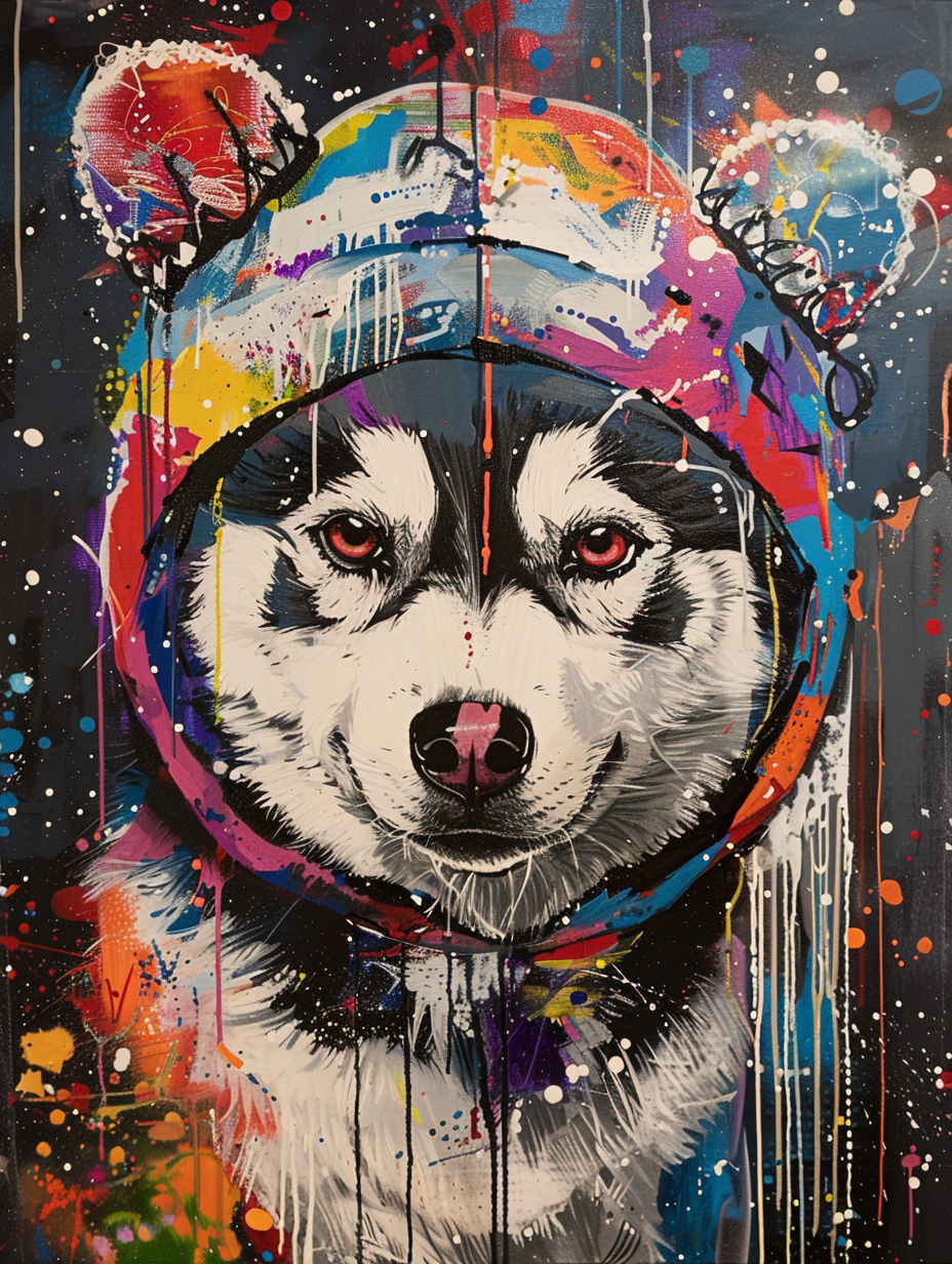 Colorful space Siberian Husky dog with a hat Expressive surreal Poster # F024556