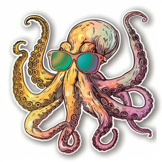 Sticker of a Octopus wearing sunglasses majestic Expressive surreal Vinyl Decal Sticker for Car, Laptop, Tumbler and more # F015388
