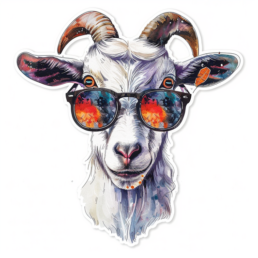 Goat wearing sunglasses Expressive surreal Vinyl Decal Sticker for Car, Laptop, Tumbler and more # F020445-4" x 4"