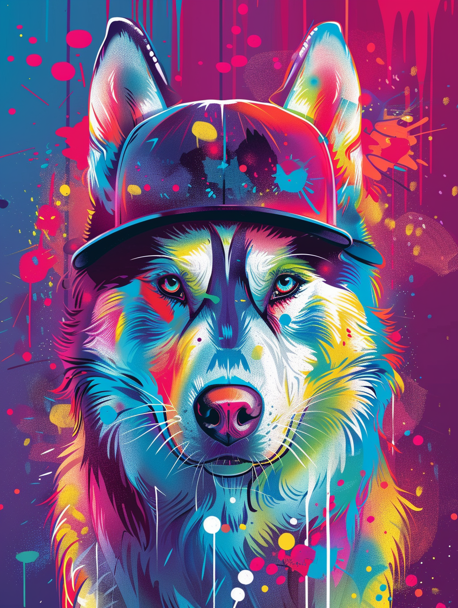 Colorful space Siberian Husky dog with a hat Expressive surreal Poster # F025453