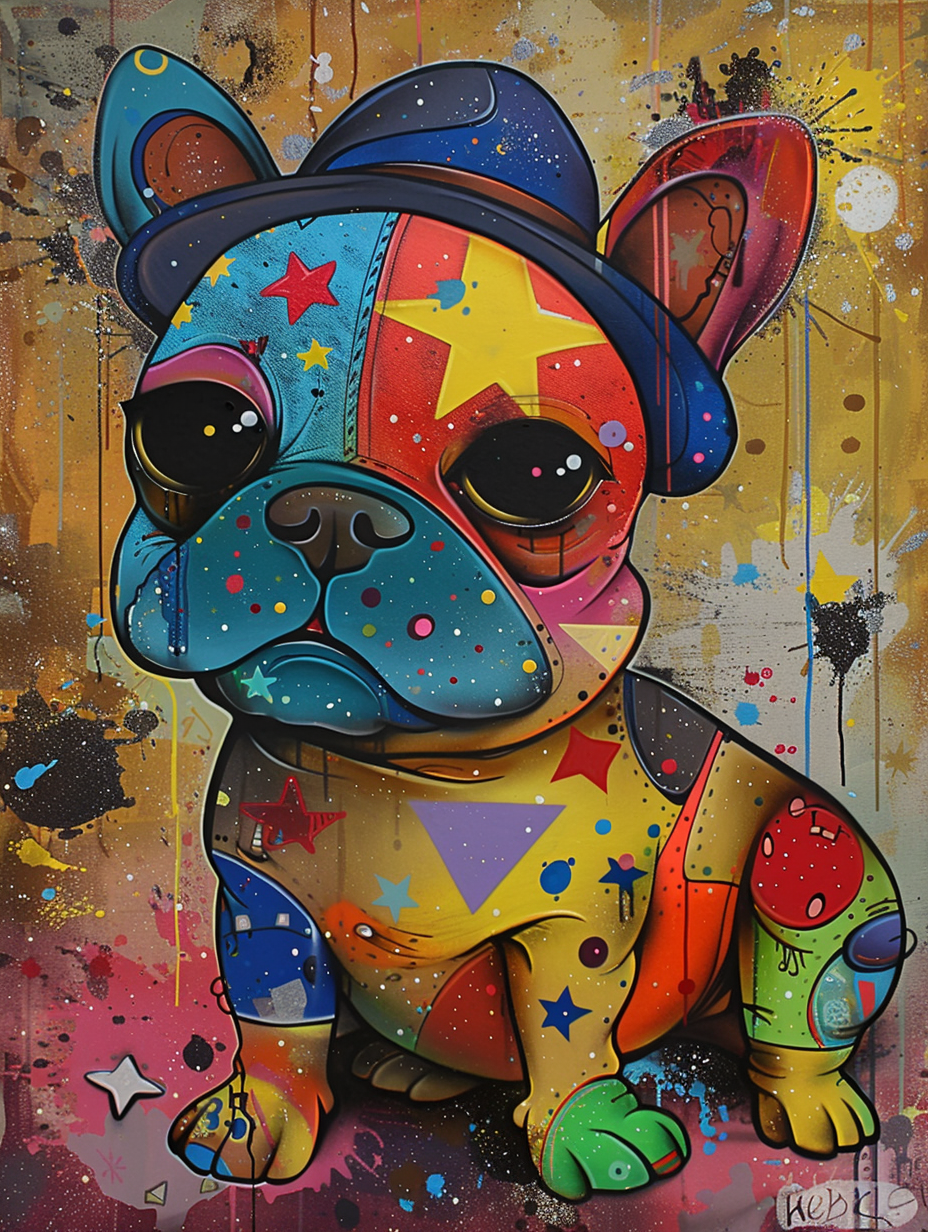 Colorful space Bulldog dog with a hat Expressive surreal Poster # F025648