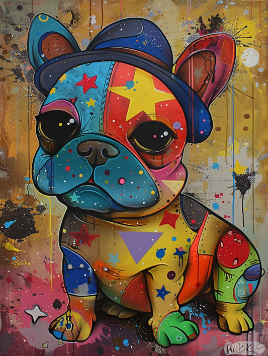 Colorful space Bulldog dog with a hat Expressive surreal Poster # F025648