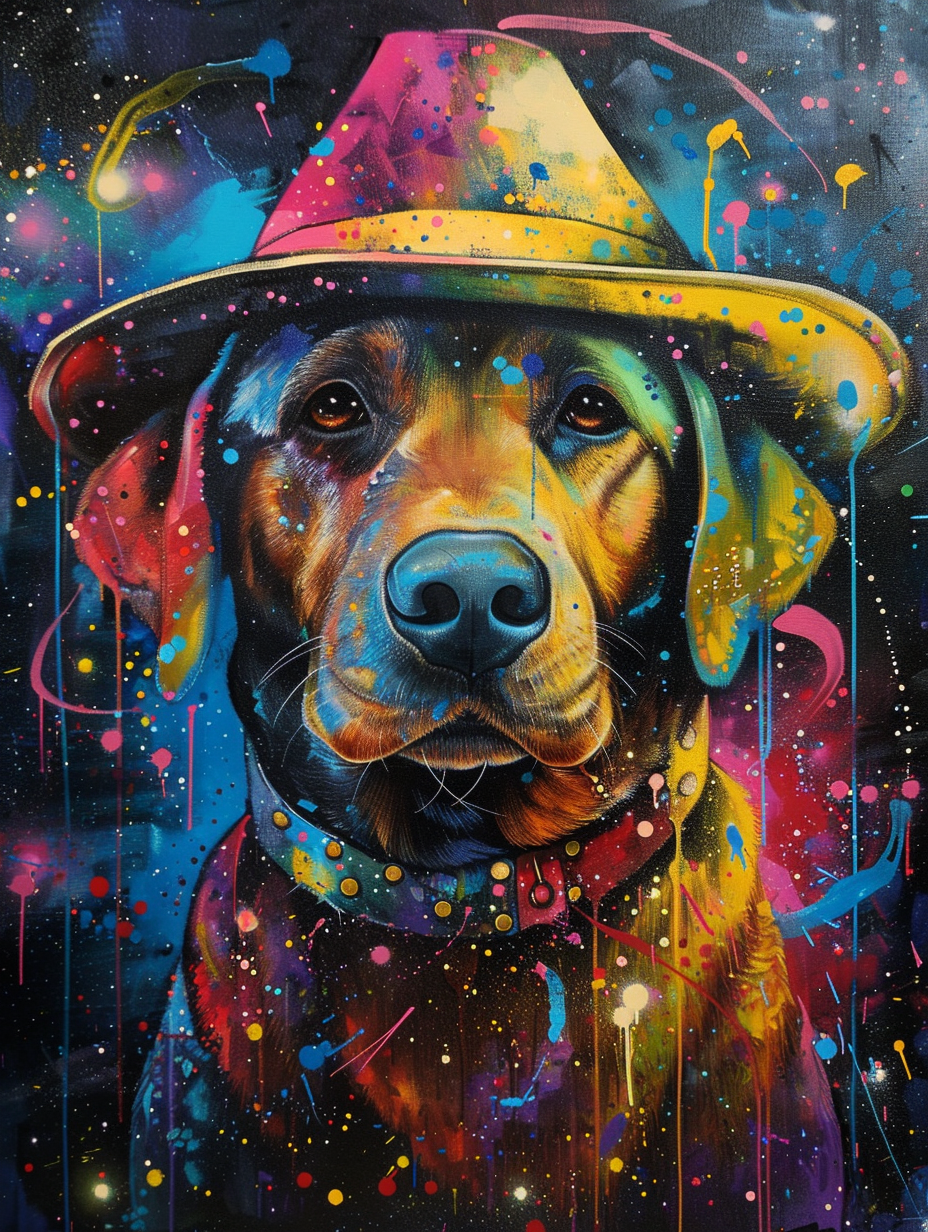 Colorful space Labrador Retriever dog with a hat Expressive surreal Poster # F024464