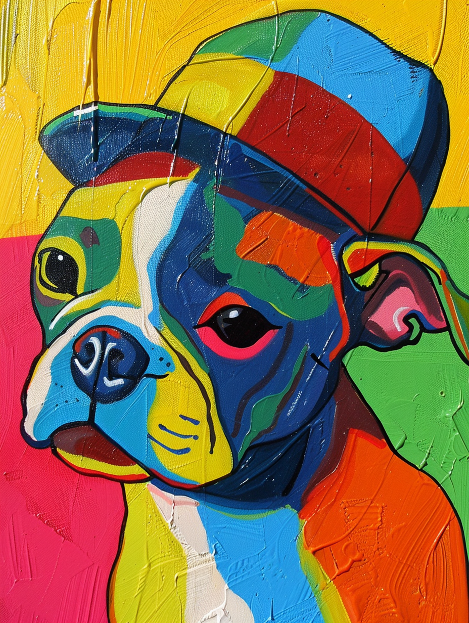 colorful space Boston Terrier dog with a hat Expressive surreal Poster # F025121