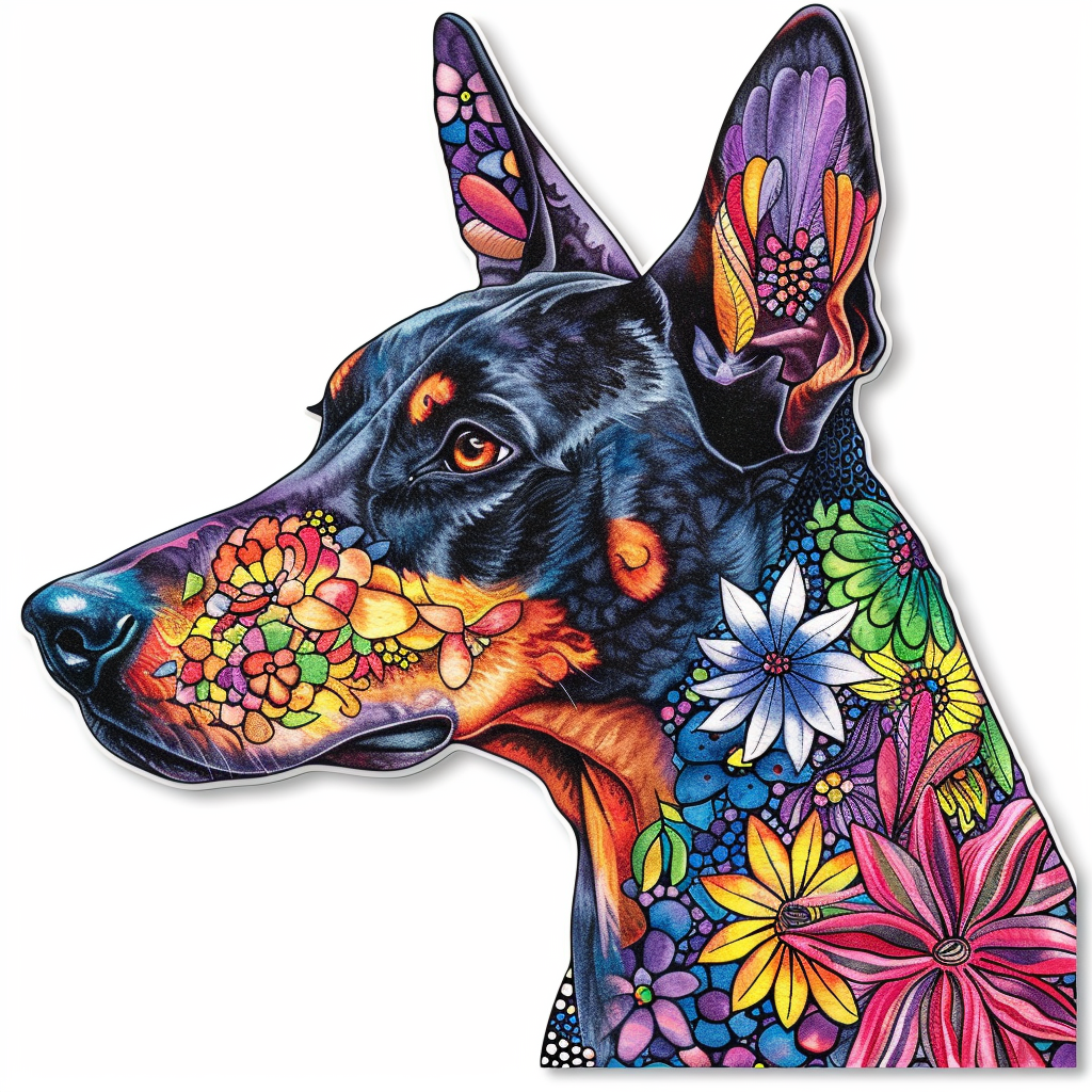 Doberman Pinscher Dog floral majestic Expressive surreal Vinyl Decal Sticker for Car, Laptop, Tumbler and more # F019376