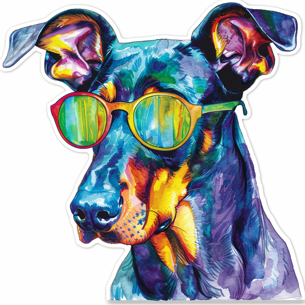Sticker of a Doberman Pinscher Dog wearing sunglasses Expressive surreal Vinyl Decal Sticker for Car, Laptop, Tumbler and more # F019200