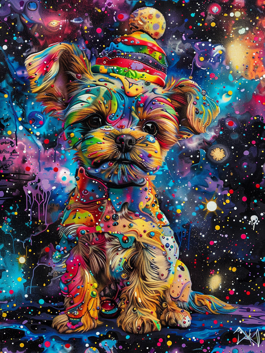 Colorful space Yorkshire Terrier dog with a hat Expressive surreal Poster # F025611