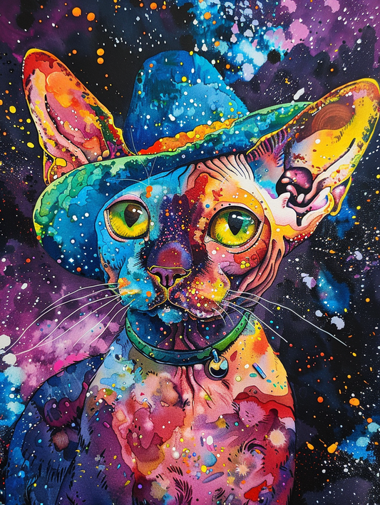 Colorful space Devon Rex cat with a hat Expressive surreal Poster # F025210