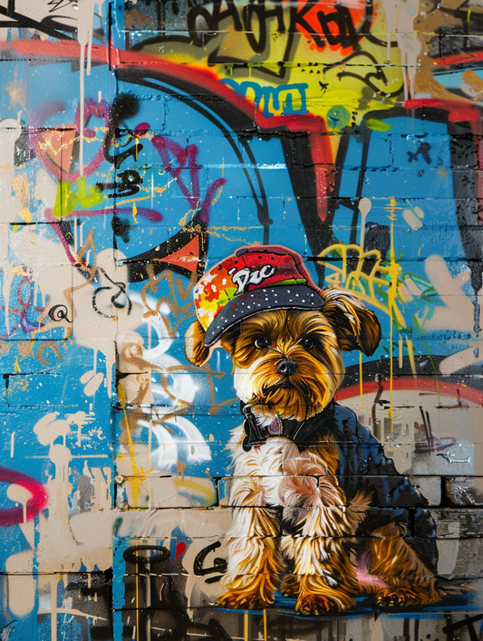colorful space Yorkshire Terrier dog with a hat Expressive surreal Poster # F024519