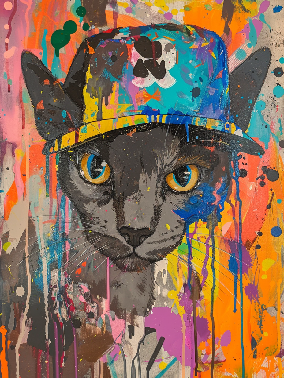 colorful space British Shorthair cat with a hat Expressive surreal Poster # F025323
