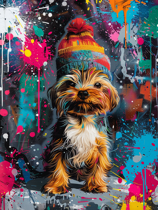Colorful space Yorkshire Terrier dog with a hat Expressive surreal Poster # F025065