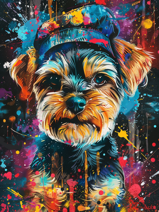 Colorful space Yorkshire Terrier dog with a hat Expressive surreal Poster # F025619