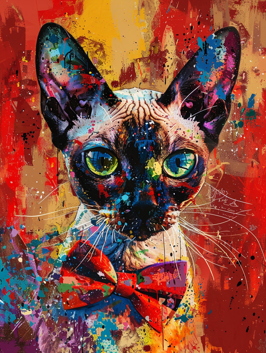 Colorful space Burmese cat with a bow tie Expressive surreal Poster # F024326