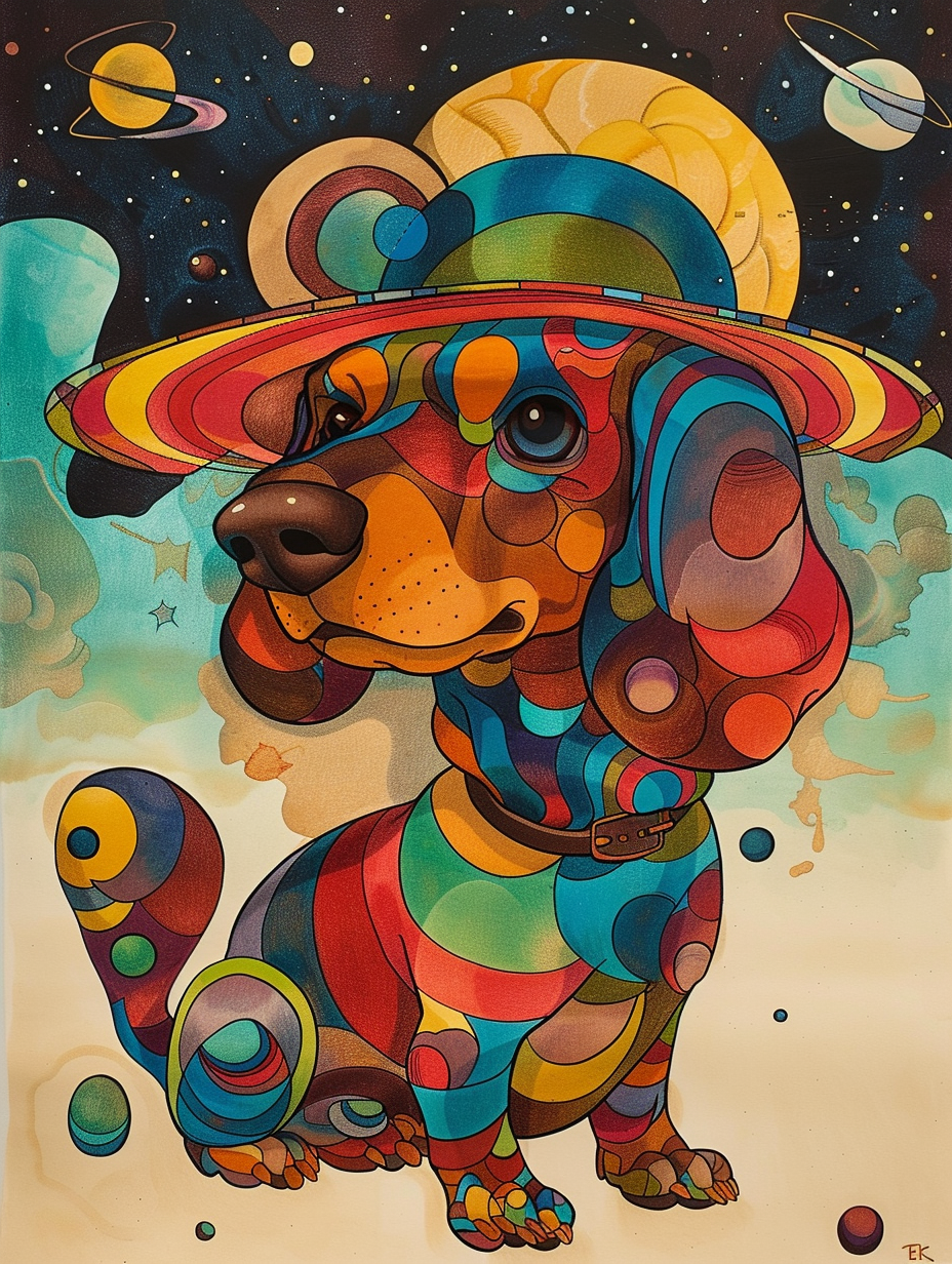 Colorful space Dachshund dog with a hat - Expressive surreal Poster # F025440