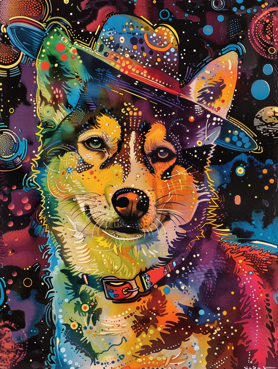 Colorful space Siberian Husky dog with a hat Expressive surreal Poster # F024974