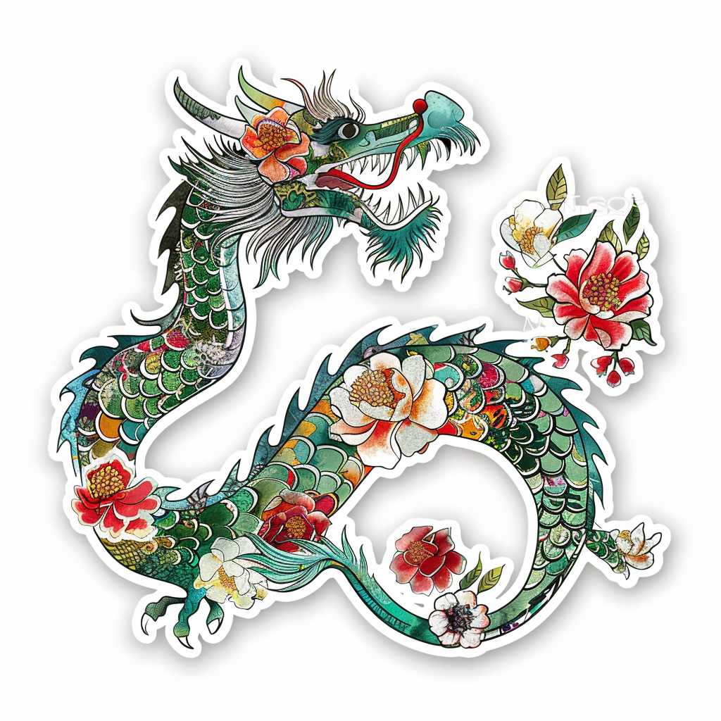 Dragon floral majestic Expressive surreal Vinyl Decal Sticker for Car, Laptop, Tumbler and more # F019033-4" x 4"