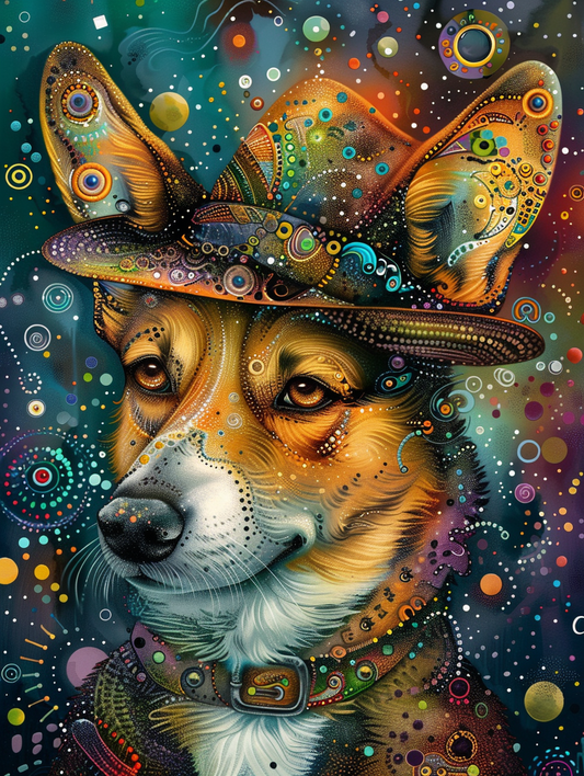Colorful space Pembroke Welsh Corgi dog with a hat Expressive surreal Poster # F024595