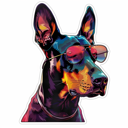 Sticker of a Doberman Pinscher Dog wearing sunglasses Expressive surreal Vinyl Decal Sticker for Car, Laptop, Tumbler and more # F019248
