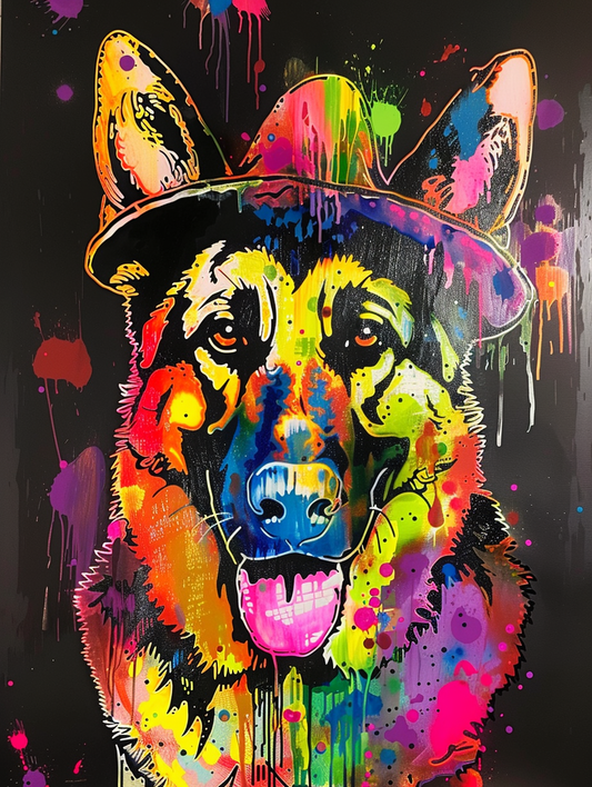 colorful space German Shepherd dog with a hat Expressive surreal Poster # F025415