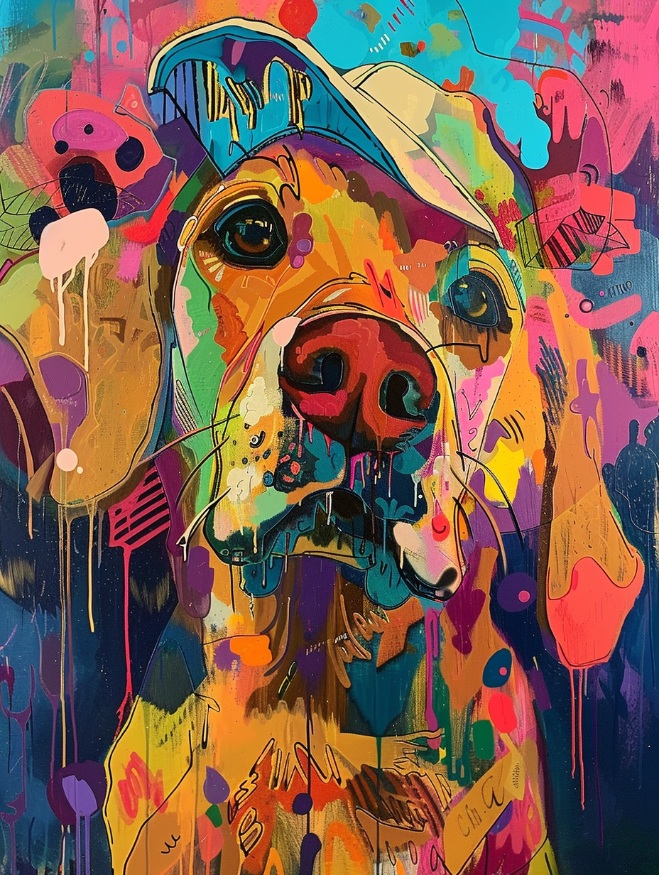 Colorful space Golden Retriever dog with a hat Expressive surreal Poster # F024459