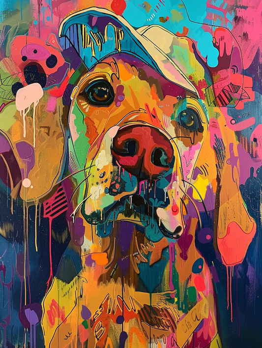 Colorful space Golden Retriever dog with a hat Expressive surreal Poster # F024459