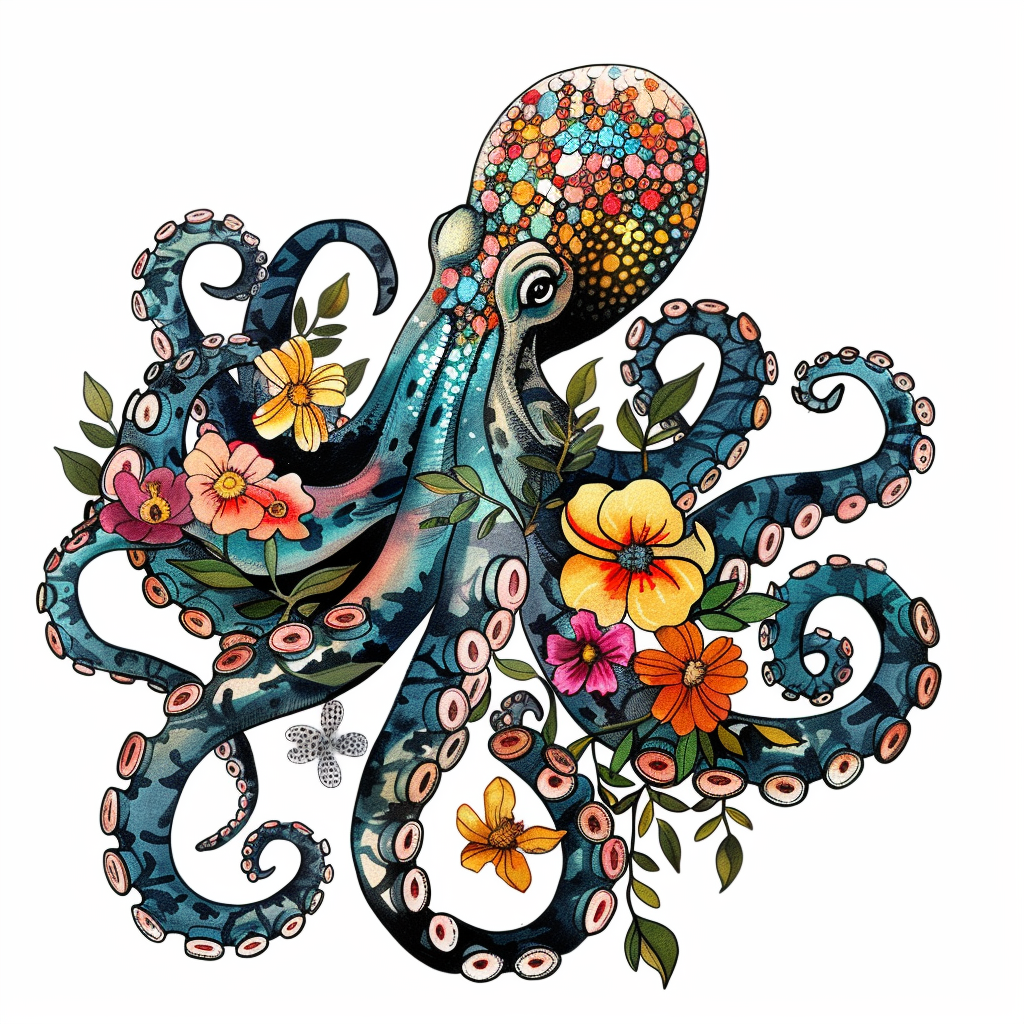 Octopus floral majestic Expressive surreal Vinyl Decal Sticker for Car, Laptop, Tumbler and more # F015555