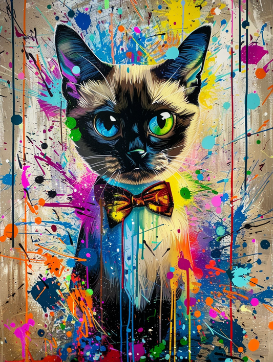 Colorful space Siamese cat with a bow tie Expressive surreal Poster # F024696