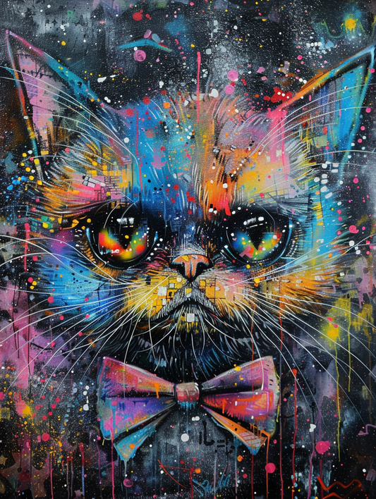 Colorful space Persian cat with a bow tie Expressive surreal Poster # F024689