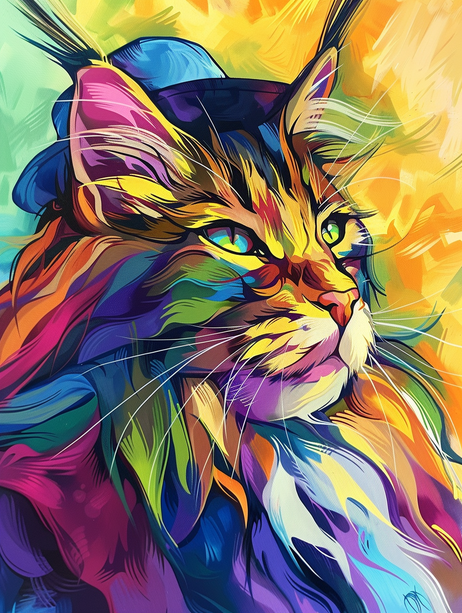 colorful space Maine Coon cat with a hat Expressive surreal Poster # F025261