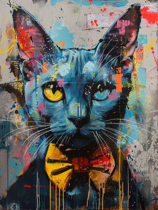 Colorful space Russian Blue cat with a bow tie Expressive surreal Poster # F024319