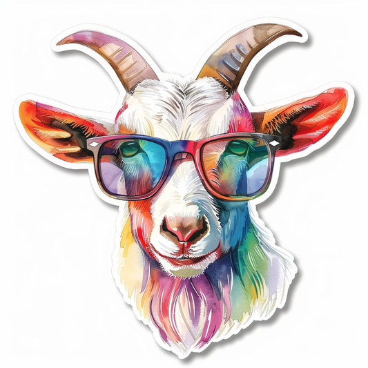 Goat wearing sunglasses Expressive surreal Vinyl Decal Sticker for Car, Laptop, Tumbler and more # F020408-4" x 4"