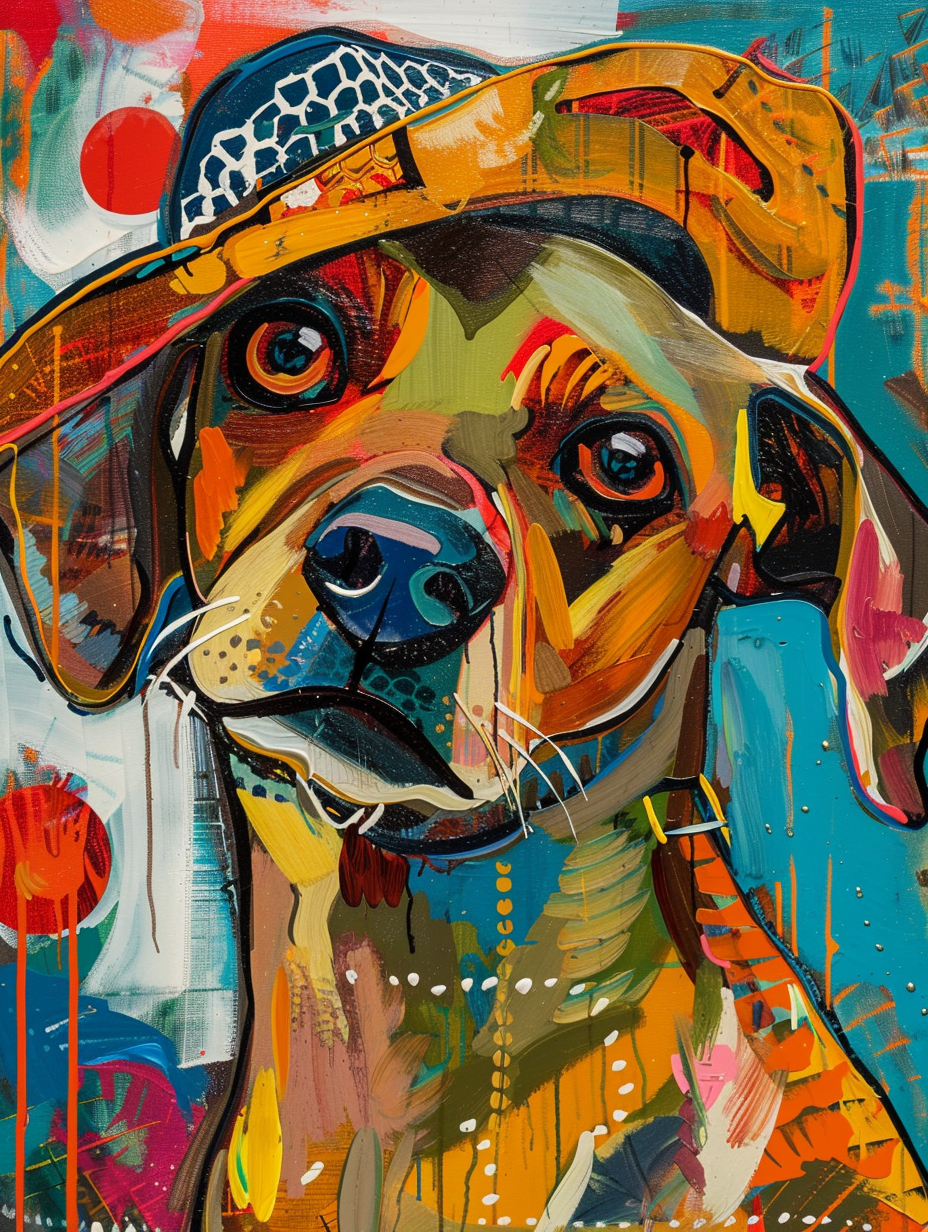 colorful space Labrador Retriever dog with a hat Expressive surreal Poster # F025370