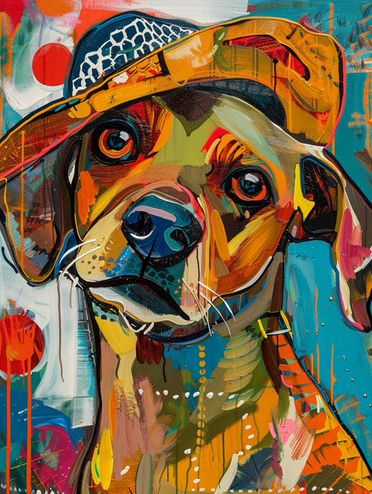 colorful space Labrador Retriever dog with a hat Expressive surreal Poster # F025370